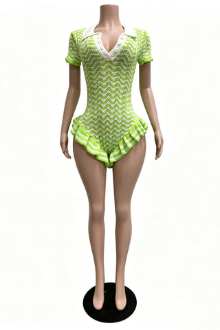 Chevron Knit Collared Ruffle Romper