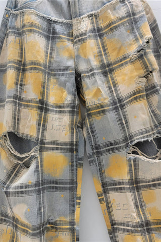 Distressed Plaid Wide Leg Jeans