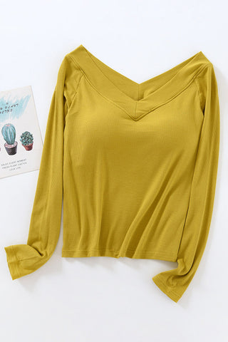 Long Sleeve V-Neck Built-In Bra Top