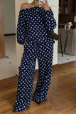 Polka Dot Off-Shoulder Long Sleeve Pants Set