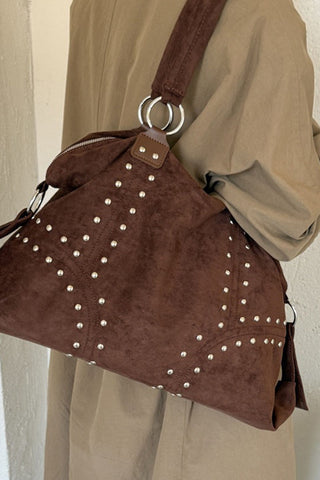 Studded Suede Hobo Bag with Ring Hardware