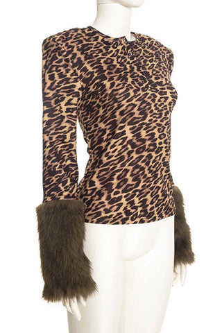 Fur Cuff Leopard Print Henley Crop Top