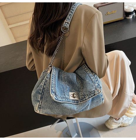 Denim Slouchy Contrast Stitching Chain Bag