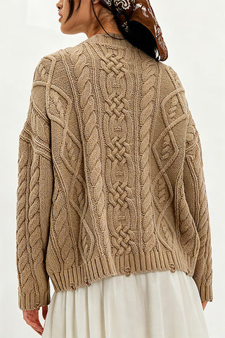 Cable Knit Crew Neck Sweater with Pockets