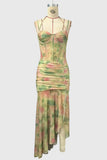 Sheer Mesh Sweetheart Ruched Maxi Dress