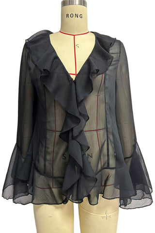 Sheer Ruffle V-Neck Bell Sleeve Blouse
