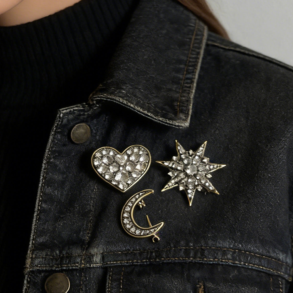Crystal Star Moon Heart Brooch Set
