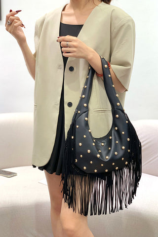 Studded Fringe Hobo Bag