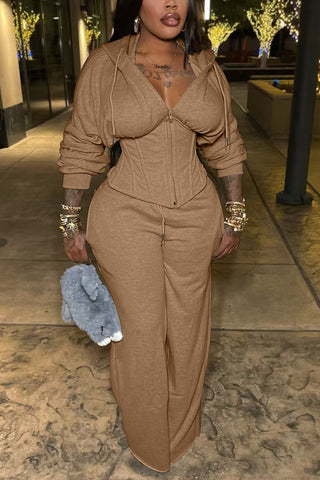 Hooded Lace-Up Back Long Sleeve Pants Set