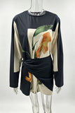 Floral Panel Long Sleeve Wrap Mini Dress