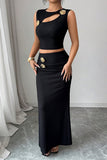 Cut-Out Skirt Set with Gold Accents