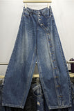 Asymmetric Button-Front Wide-Leg Baggy Jeans