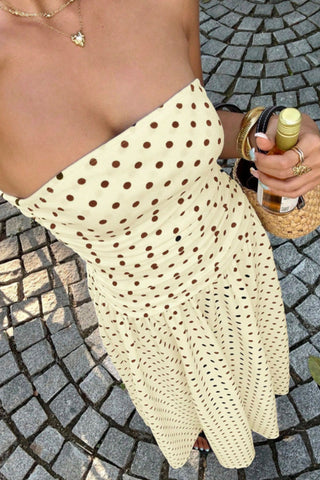 Polka Dot Strapless Ruched Maxi Dress