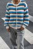 Striped Button Detail Crew Neck Knit Cardigan