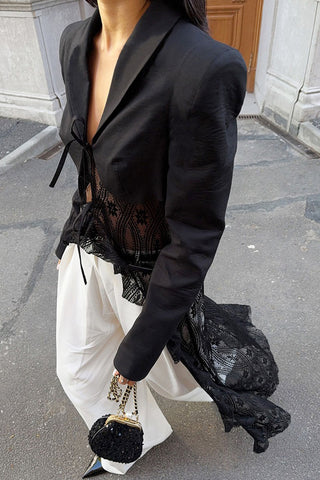 Tie-Front Sheer Panel High-Low Blazer